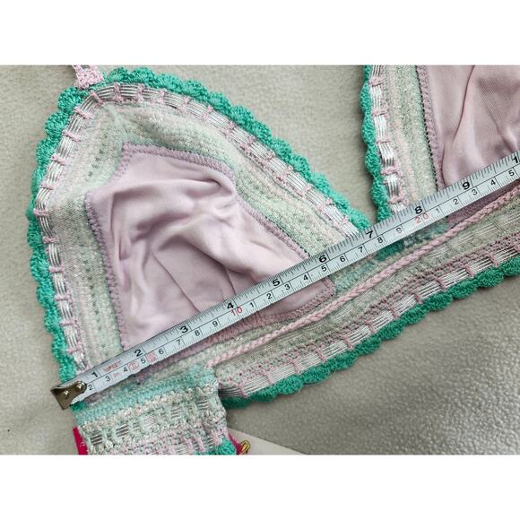 New Rinikini Bikini Top Small Crochet Metallic Teal Blue Silver Tassle - Picture 9 of 9